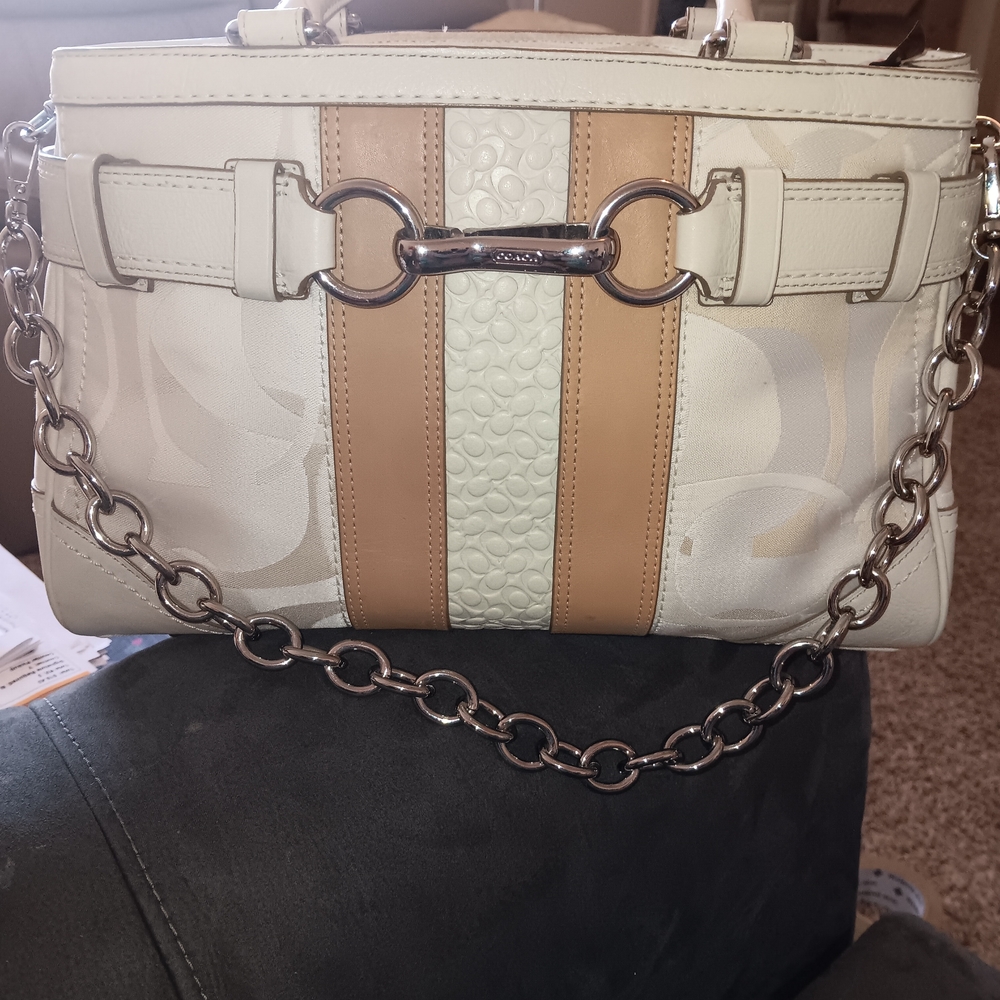 Coach Cream and Tan Shoulder Bag with Chain Strap